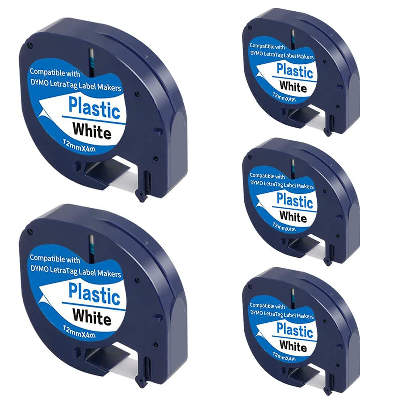 5-Pack Compatible with Dymo Letratag Refills 91201 91331 S0721660 Label Maker Tape White Plastic 12mm x 4m 1/2" x 13', Work with Dymo Letra Tag LT-100H LT-100T Plus 200B QX50 XR XM 2000