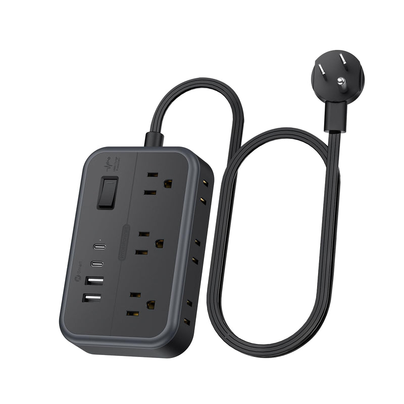 10 in 1 Flat Plug Power Strip NTONPOWER Flat Extension Cord with 4 USB Ports(Include 2 USB C) Surge Protector Power Strip with Flat Cord 6 Widely Spaced Outlet(2 Side) 5 Ft Extension Cord-Black Flat Cord with USB C: 5Ft