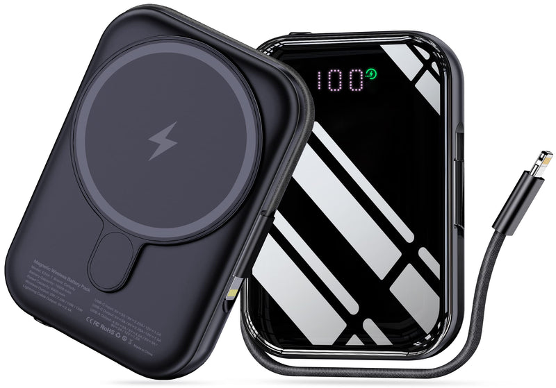 Ceftydy Magnetic Wireless Portable Charger, 10000mAh Battery Pack with USB-C Cable & LED Display, Built-in Lightning Cable, Magnetic Power Bank 20W PD Fast Charging for iPhone 14/13/12 Series
