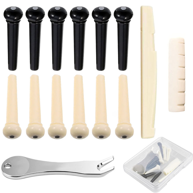 12 Pcs Acoustic Guitar Bridge Pins with Bridge Pin Puller Remover & Guitar Bridge Saddle Nut, Guitar Pegs Replacement Parts and Accessories 12 Pcs Pin Pegs