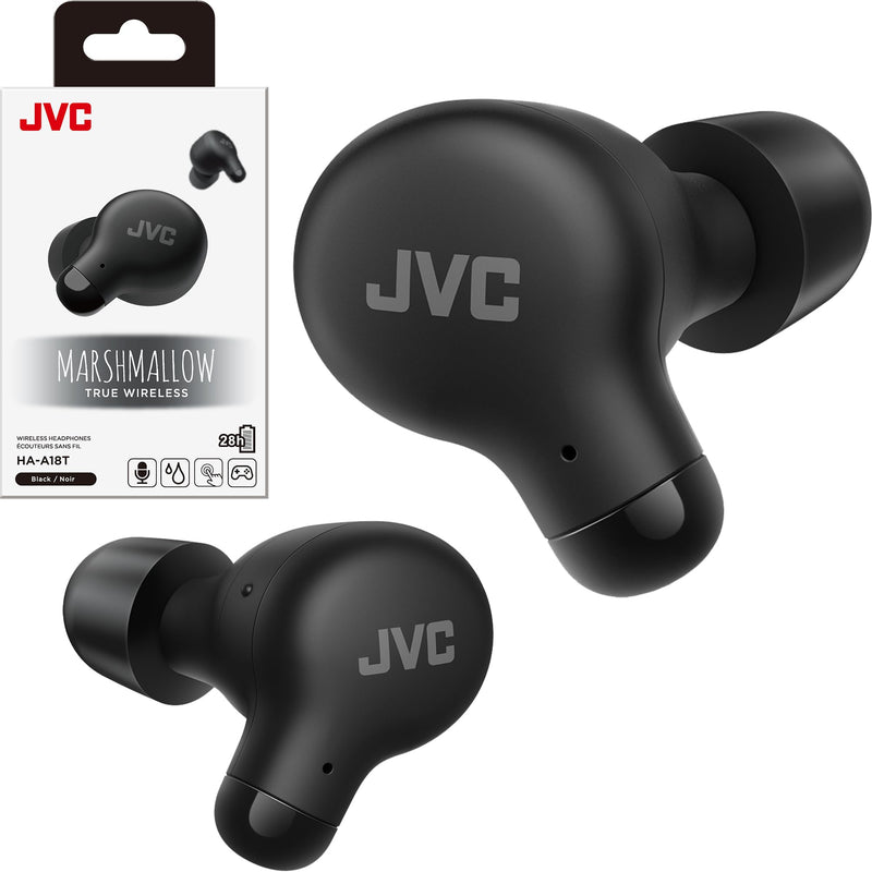 JVC Marshmallow True Wireless Bluetooth 5.3 Earbuds – 28H Battery, Memory Foam Earpieces for All-Day Comfort, IPX4 Water Resistant, Mic, Compact Case, for iPhone & Android Black