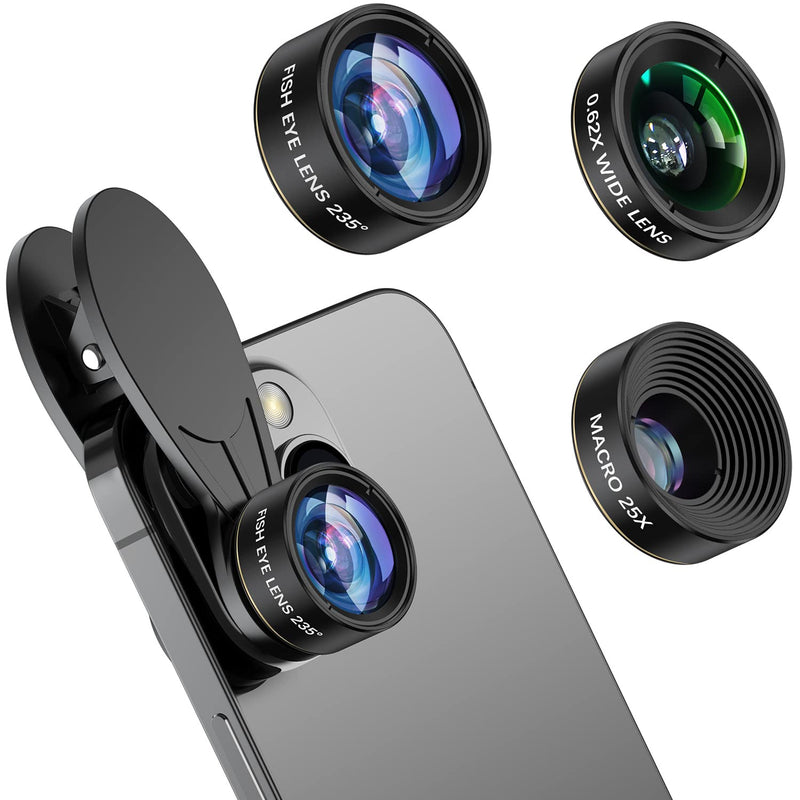 [AUSTRALIA] - Phone Camera Lens 3 in 1 Kit, COSULAN Phone Lens Kit - 235° Fisheye Lens + 25X Macro Lens + 0.62X Wide Angle Lens, Clip on Cell Phone Lens Camera Compatible with iPhone Samsung Android Smartphones 