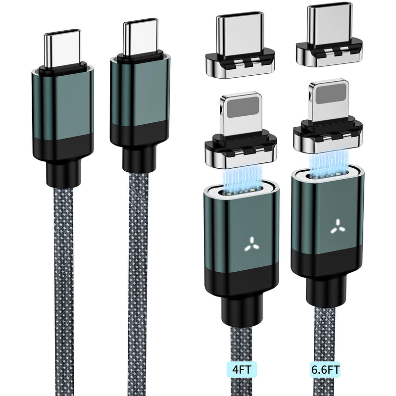 [AUSTRALIA] - 65W USB C to USB C Cable, (2-Pack, 4/6.6FT) 2-in-1 Magnetic Charging Cable 480Mbps Data Transfer, 5A Fast Charging for iPhone 14/13/12/11, MacBook 2018-2022,iPad Pro,Galaxy S21,More USB-C Device 
