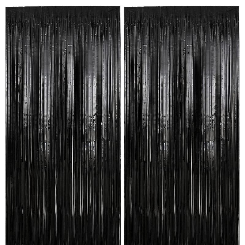 2 Pack 3.2 ft x 9.8 ft Black Tinsel Curtain Party Backdrop Decorations, Metallic Foil Fringe Backdrop Door for Halloween, Christmas, Birthday Graduation Wedding Party Streamers Photo Backdrop.