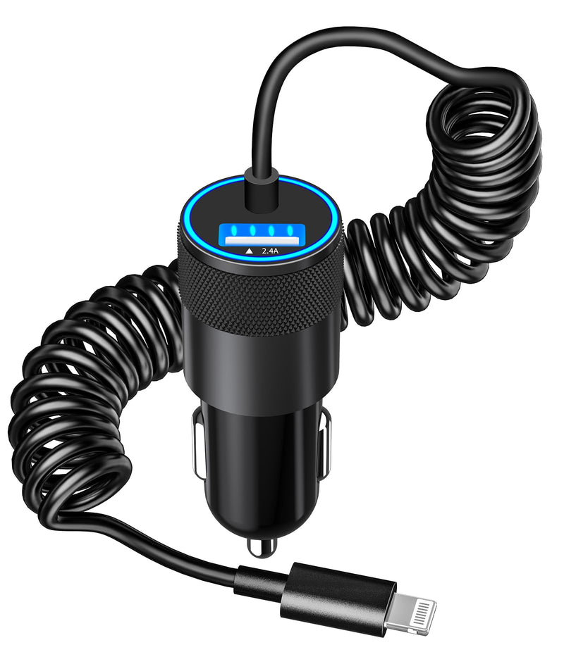 【MFi Certified】iPhone Fast Car Charger, Caiinei 4.8A Dual USB Power Car Charger Fast Charging Cigarette Lighter Adapter+6FT Coiled Lightning Cable for iPhone 14 13 12 11 Pro/XS Max/Mini/XR/X/8/SE/iPad Ceramic Black