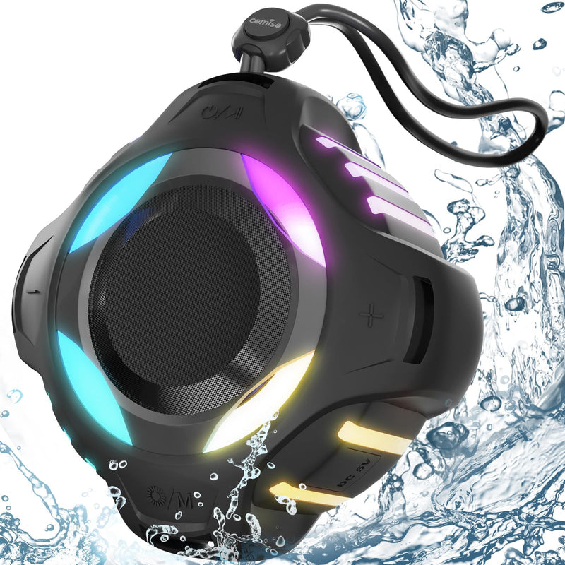 Waterproof Bluetooth Speaker IPX7, Shower Speaker with Multi-Color Light,Floating, Loud HD Stereo Sound, Robust Bass, Wireless Speaker with 24H Playtime for Beach Pool Biking Trip, Gifts for Men,Women Midnight Black