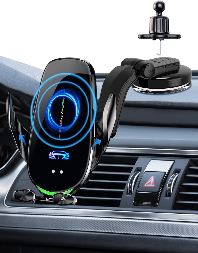 Wireless Car Charger Mount, Fast Charging Auto Clamping 15W Intelligent Dual Control Induction Car Phone Holder Mount Wireless Charging Compatible with All iPhone Android Smartphone