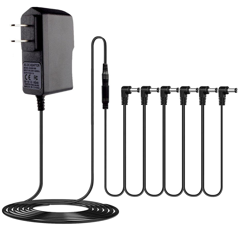 Rockhouse 9V DC 1A Guitar Pedal Power Supply Center Negative 9 Volt Adapter Power Cord with 6 Way Daisy Chain Cables for BOSS Guitar Effect Pedals