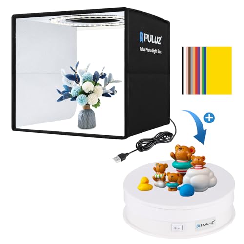 PULUZ Mini Photo Studio Light Box Kit with 360 Degree Motorized Rotating Turntable Display Stand for Photography Products and Shows（White）
