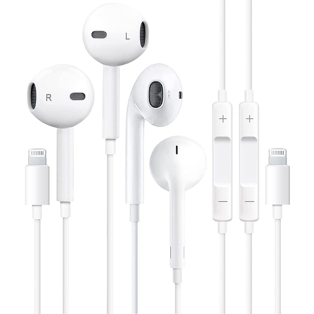 2 Pack - Apple Headphones Lightning Earphones Earbuds, Wired in Ear Stereo Noise Canceling Isolating Headphones for iPhone 14 13 12 11 Pro Max X XS 8 7 SE, White (Built in Microphone & Volume Control) 2Pack-White