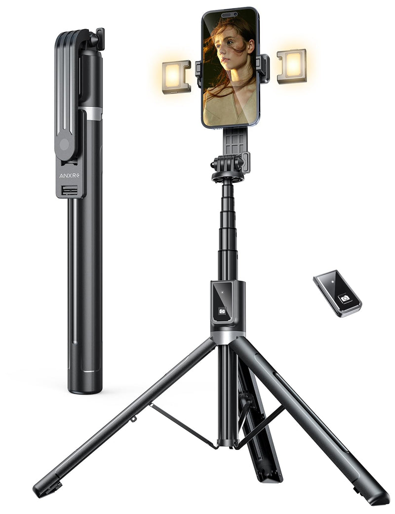 60" Phone Tripod & Selfie Stick Tripod with 2 Lights,Wireless Phone Selfie Stick Tripod Compatible with 4''-7'' iPhone/Android Samsung Smartphones Selfie Stick for Travel Video Record Vlog Black