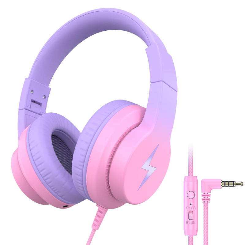 Candy Bila Kids Headphones, Wired Headphones for Kids with Microphone, 85/94dB Volume Limiter Headphones for Girls Boys with Sharing Jack, Foldable Headphones for Online Study, Gradient Red