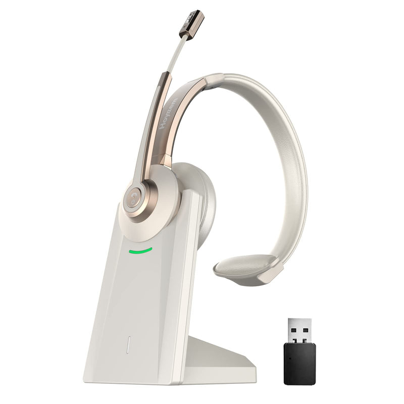 [AUSTRALIA] - Bluetooth Headset, Wireless Headphones with Microphone Noise Canceling & USB Dongle, V5.0 Trucker Bluetooth Headset with Mic Mute & Charge Dock for PC/Laptop/Phone/Meeting/CallCenter/Office Gold Wireless Single Ear 