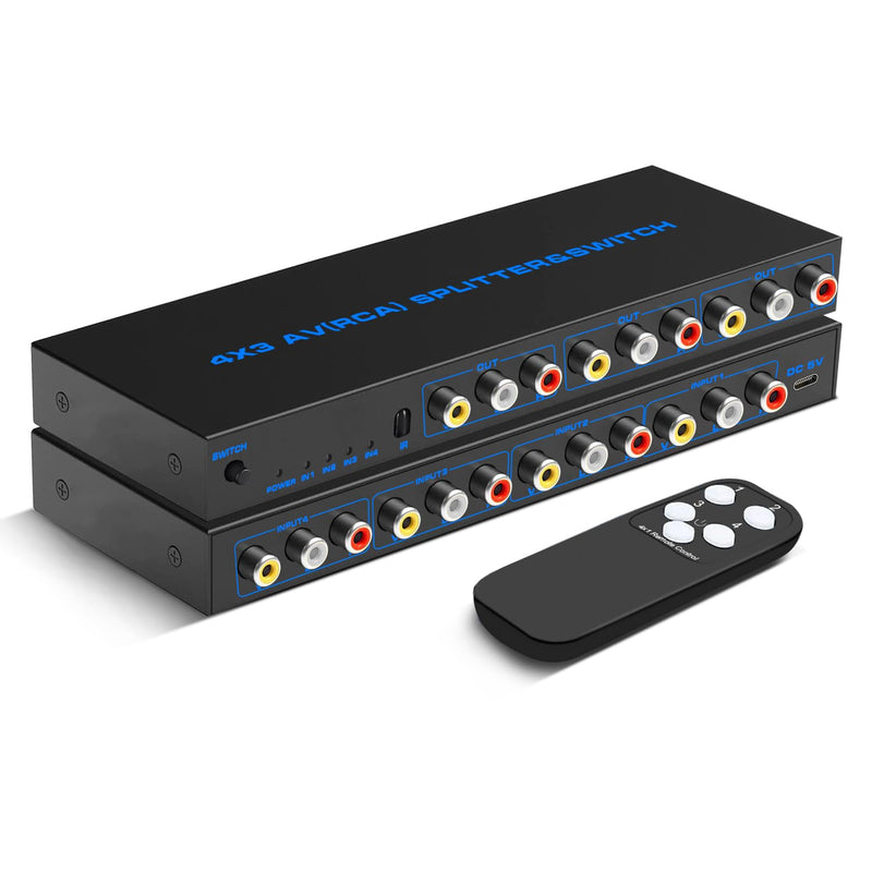 RCA Switch Box 4 in 3 Out: 4 Way AV Splitter 3 Output with Remote Control for Audio Video Distribution, RCA Splitter Switcher Composite Video L/R Audio Selector Box for DVD STB Game Consoles