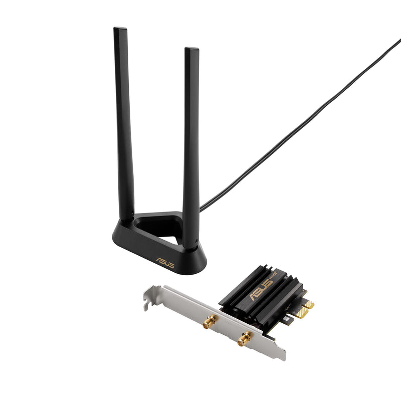 ASUS PCE-AXE59BT WiFi6 6E AX5400 PCI-E Adapter with 2 External Antennas and magnetized Base. Supporting 6GHz Band, 160MHz, Bluetooth 5.2, WPA3 Network Security, OFDMA and MU-MIMO AXE5400 | WiFi 6E | Heatsink