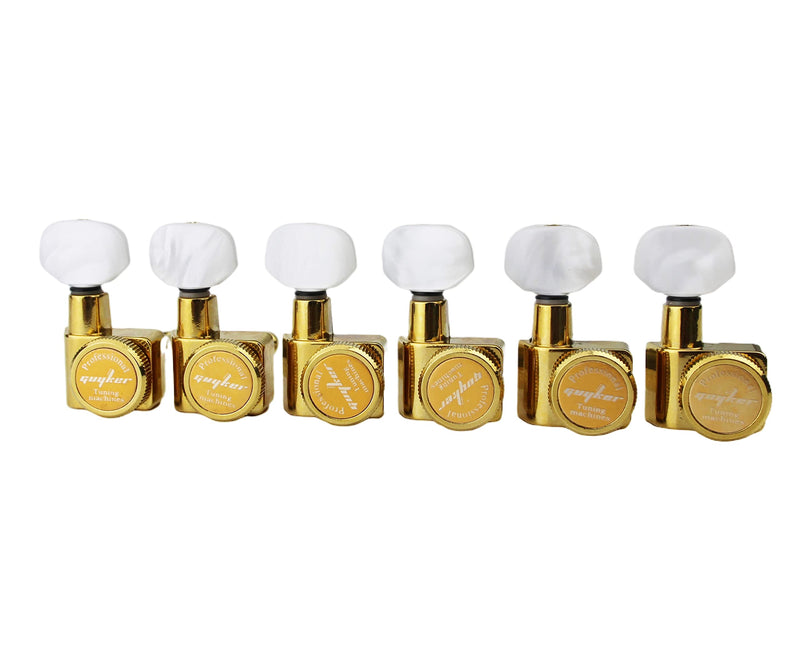 Guyker 6 In-line Guitar Locking Tuners – 1:18 Lock String Tuning Key Pegs Machine Heads for Folk Classical Acoustic Electric Guitar – Pearl Buttons, Golden Gold, Pearl Handle