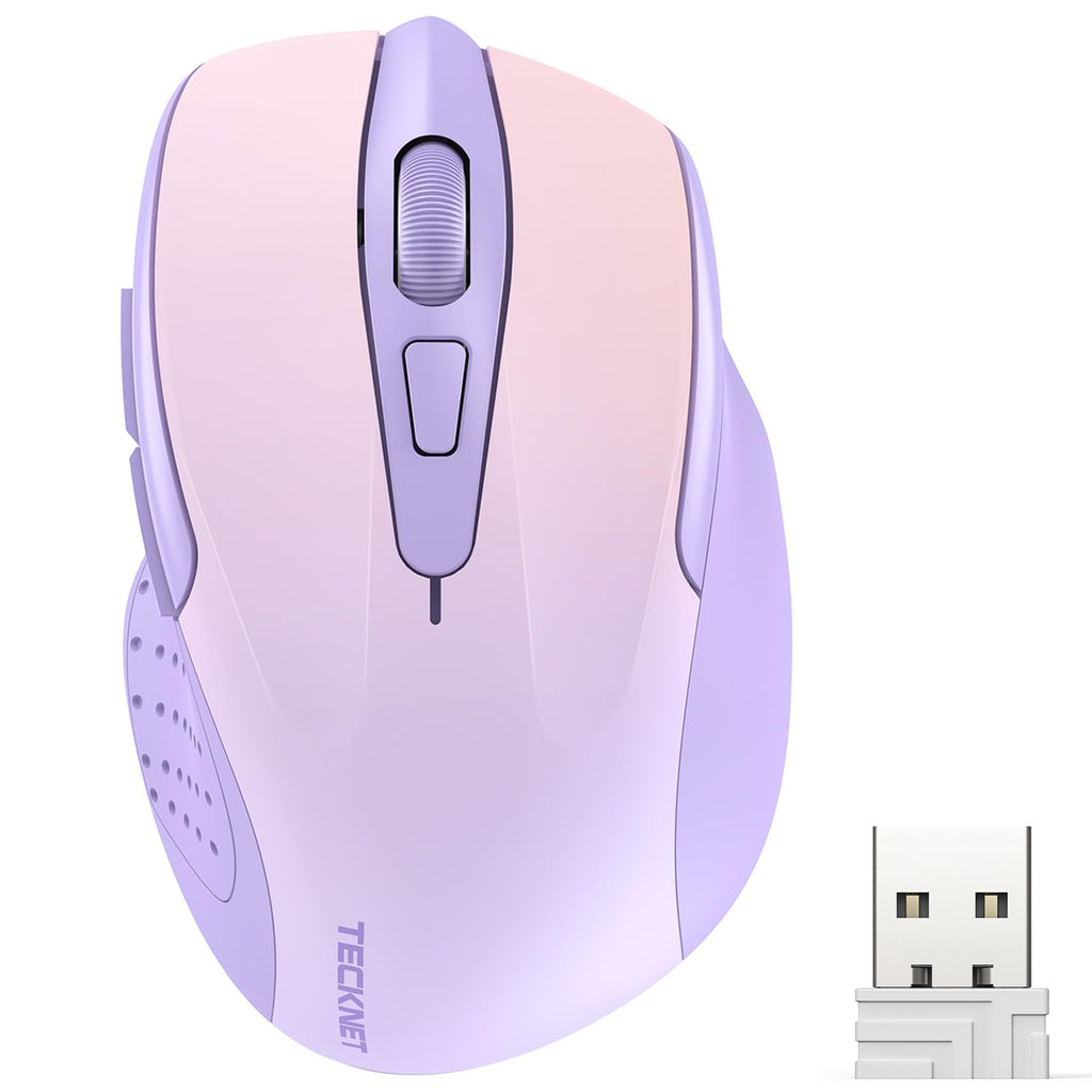 TECKNET Wireless Mouse, 2.4G Ergonomic Optical Mouse, Computer Mouse for Laptop, PC, Computer, Chromebook, Notebook, 6 Buttons, 24 Months Battery Life, 2600 DPI, 5 Adjustment Levels Gradient Lavender