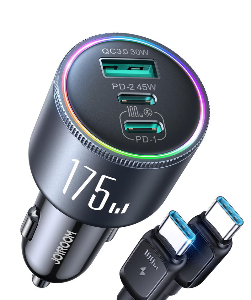 JOYROOM 175W Car Charger USB C Fast Charge, 3-Port Super Fast Car Charger | [GaN] PD100W+PD45W+QC30W, Car Cigarette Lighter USB Charger with 100W USB-C Cable for iPhone, Samsung, Pixel, MacBook, iPad 175W-BLACK