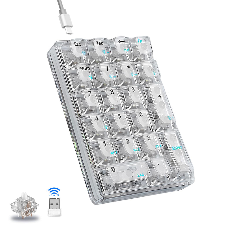 AULA 21 Key 2.4Ghz/Bluetooth/USB-C Connections Numpad, Hot Swappable Mechanical Gaming Keypad with Transparent Keycaps(White)