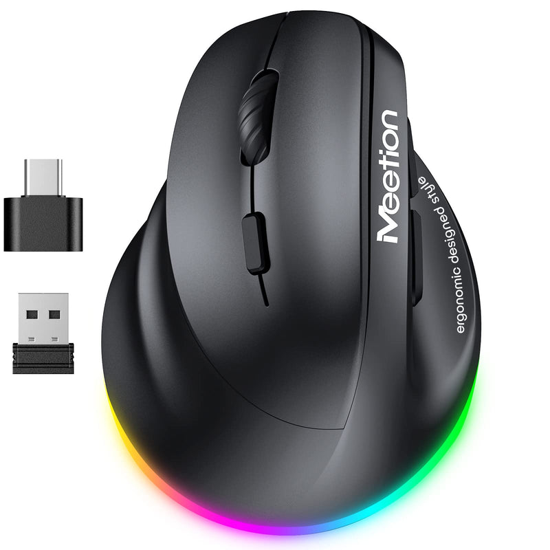 MEETION Left-Handed Mouse, Ergonomic Mouse Wireless Vertical Mouse, RGB Rechargeable Mice for Bluetooth(5.2 + 3.0) & USB-A with Type-c Adapter 4 Adjustable DPI for Mac/Windows/Andriod/PC/Tablet/iPad Black