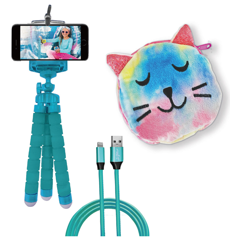 3-Piece Smartphone Accessory Kit for Kids – Flexible Tripod, 6ft. Charging Cable, Plush Cat Carrying Case (Lucky Kitty) – Vlogging, Influencer Kit for Kids Lucky Kitty Pouch