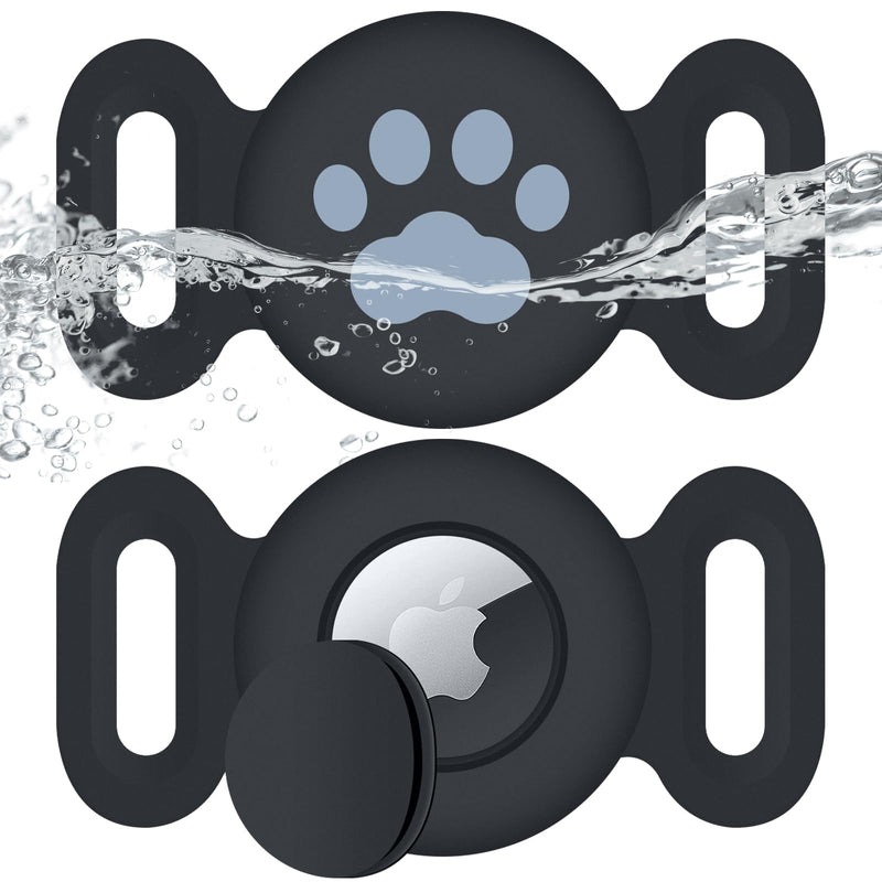 Waterproof Airtag Dog Collar Holder (2 Pack), Protective Anti-Lost Airtag Case for GPS Dog Tracker, Silicone Airtag Cat Collar Dog Airtag Holder for Pets(Black/Black) Black/Black