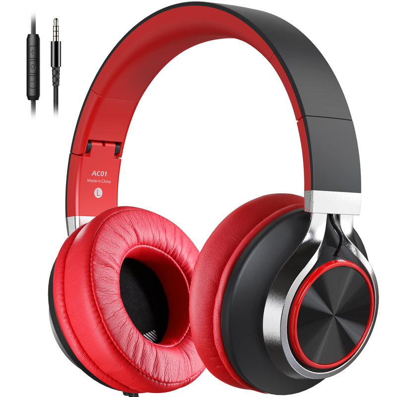 COOSII AC01 Headphones Wired Noise Isolating Over Ear, Corded Stereo Headsets with Microphone Volume Control for Adults Teens with Wire 3.5mm for Cellphones, Tablets, Laptop, Chromebook (Black Red) Black Red