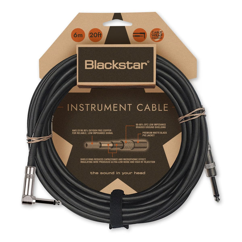 Blackstar 6m (20ft) Instrument Cable Straight ¼” Jack to Angle ¼” Jack for Bass/Electric Guitar/Electro-Acoustic/Keyboard/Amp (BSCABLESTD20FTSA) 20 FT Straight to Angled