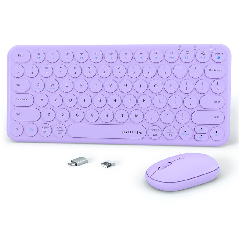 Mini Computer Wireless Keyboard and Mouse Combo, UBOTIE Colorful Compact Silent Linear Switch Round Keycaps TKL Keyboards with Optical Mouse for Travel Business(Purple) Purple