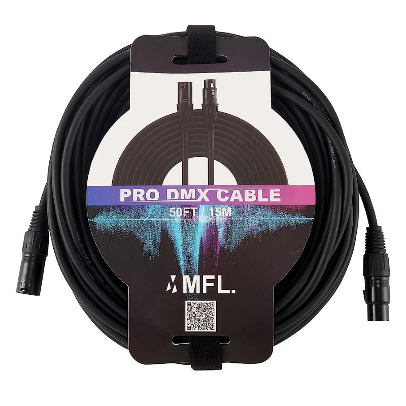 MFL. 50 ft Flexible DMX Cable 22AWG 3 Pin Signal (XLR Compatible) Male to Female Wire for Stage Lighting DJ Lights, 110 Ohms Impedance, Black, Pack of 1
