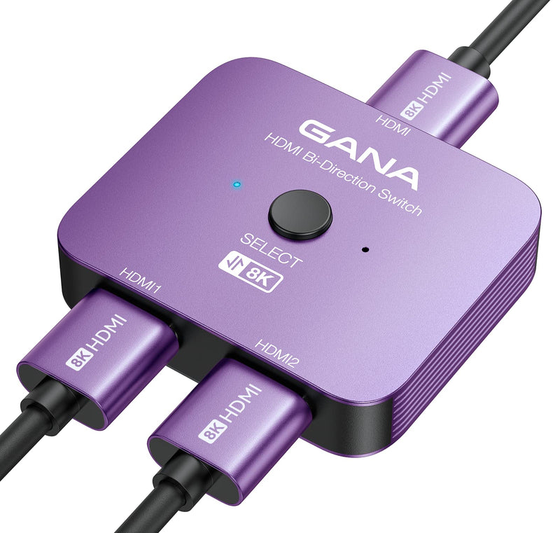 GANA HDMI 2.1 Switch, 8K HDMI Switcher Splitter 2 in 1 Out, Supports 4K@120Hz,8K@60Hz, 48Gbps Aluminum Bi-Directional Ultra HD HDMI Hub Compatible with PS5/4,Xbox,Roku,Apple TV,Fire Stick Purple