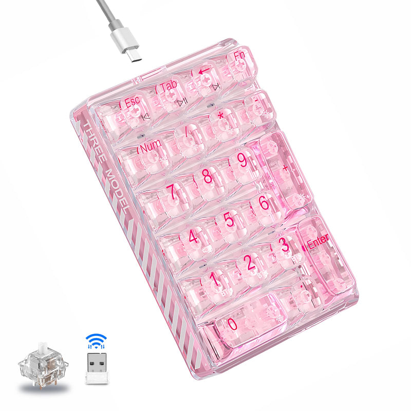 AULA 21 Key 2.4Ghz/Bluetooth/USB-C Connections Numpad, Hot Swappable Mechanical Gaming Keypad with Transparent Keycaps(Pink) Pink