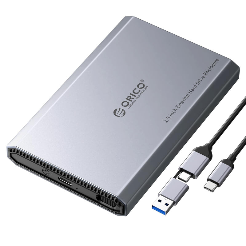 ORICO Aluminum USB C Hard Drive Enclosure for 2.5 Inch SATA SSD/HDD, USB 3.2 GEN 2 USB C to USB A/C 2 in 1 Cable, Support macOS Windows Linux OS, Compatible with SAMSUNG Crucial WD Drives(DD25-C3)