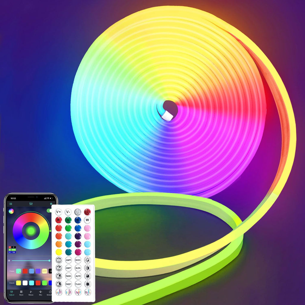 16.4ft 24V RGB LED neon Rope Lights with Remote APP Control IP65 Waterproof Flexible Neon LED Strip Lights LED neon Rope Lights for Bedroom Room Outdoors Decor 16.4FT