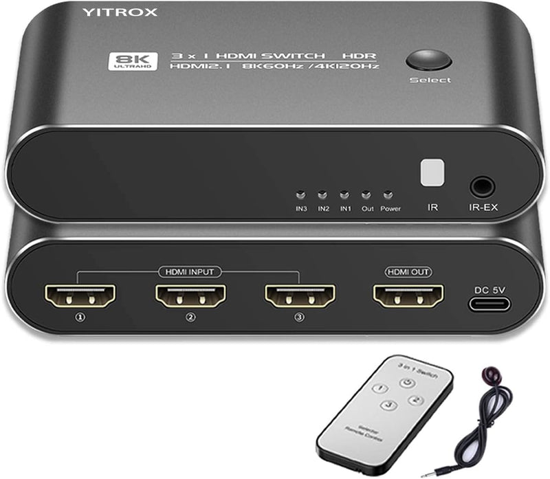 8K 120Hz HDMI Switch 3 in 1 Out, HDMI Splitter, HDMI 2.1 Switch, HDMI Selector 48G HDR 10+ Dolby Atmos with Remote, Compatible with PS4/PS5, Xbox, Fire Stick, Apple TV, Roku, HD TV………