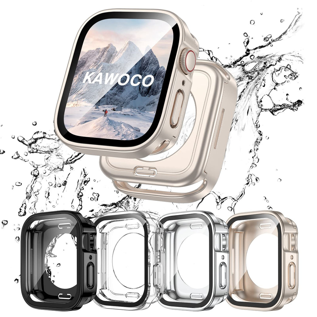 4 Pack Compatible with Apple Watch Waterproof Case 45mm Series 9/8/7 with Tempered Glass Screen Protector, 2 in 1 Full Coverage Bumper Protective Cover for iWatch Accessories 45 mm Starlight+Silver+Black+Clear