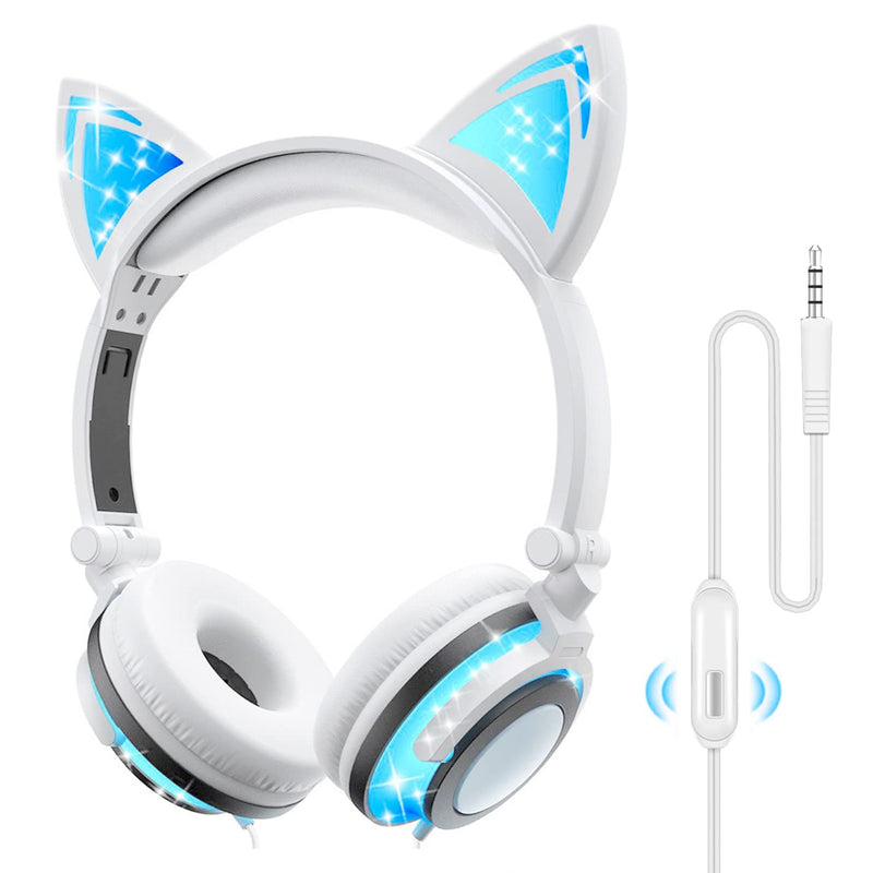 Olyre Kids Headphones Wired with Cat Ear,Safe Volume Foldable Adjustable Flashing LED On Ear Headphones with Mic,Tangle-Free 3.5mm Plug Compatible Smartphones Computer Kindle Tablet for School Travel White