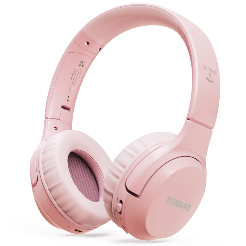 KONNAO Kids Headphones Wireless 60H, Foldable On Ear Headphone with MIC, Volume Limiter 85dB/94dB Wireless & Wired Headphones, Over-Ear Headphones for Kids School Online Classes Travel, Pink Bluetooth