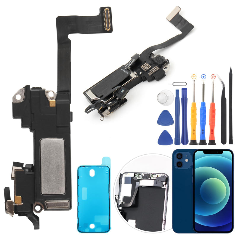Earpiece Speaker for iPhone 12 Ear Speaker Replacement for iPhone 12 Pro Speaker Replacement Light Proximity Sensor Flex Cable Earphone Speaker Assembly with Repair Tools Black-12/12 PRO