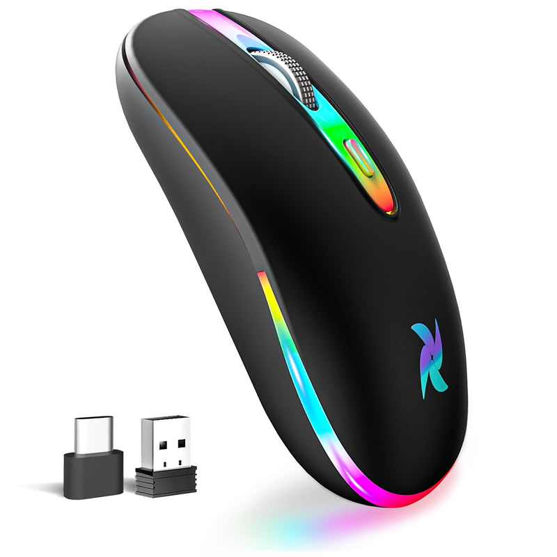 [AUSTRALIA] - HZD LED Wireless Mouse, Slim Silent Rechargeable Mouse, 2.4G Portable USB Optical Mouse with Type C Adapter, 3 Adjustable DPI Levels 1600/1200/800 Computer Mouse for Laptop,PC,MacBook,Notebook Black 