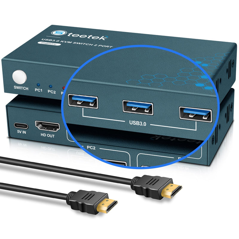 Steetek USB 3.0 KVM Switch 2 Computers 1 Monitor, 4K@60Hz HDMI 2 Port KVM Switch with 3 USB 3.0 Ports, Button Switch, EDID Adaptive,with 2 HDMI 2.0&USB 2.0 Cable USB 3.0*3