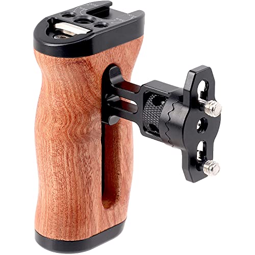 FocusFoto Wooden Side Handle Grip Left/Right Handgrip with 1/4"-20 & 3/8"-16 & Cold Shoe Mount Universal for DSLR Mirrorless Camera Cage Rig Video LED Light (Quick Releae Version) Quick Releae Version