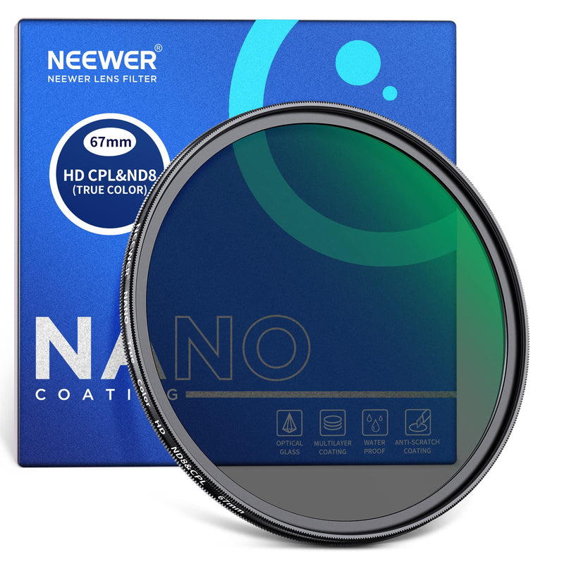 NEEWER 67mm True Color CPL with ND8 Filter 2 in 1, 3 Stops ND Filter & Circular Polarizing Filter Combined with Multi Nano Coated HD Optical Glass, Water Repellent/Scratch Resistant