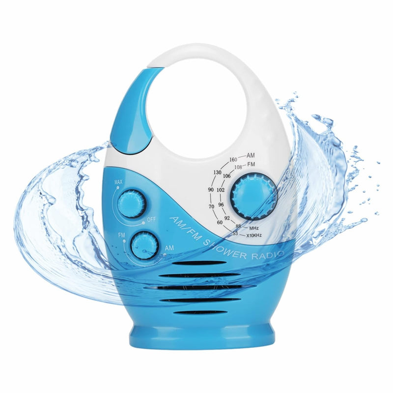 Waterproof Shower Radio, AM/FM Radio with Adjustable Volume Speakers, Battery Powered Portable Speakers with Hook Handle for Shower Rooms Bedside Tables Garages Blue