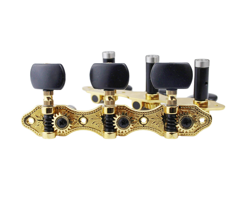 Guyker Classical Guitar Tuners, 1:18 Ratio Open Frame Style Acoustic Guitar Tuning Keys Steel String Pegs Machine Heads 2 Planks (3+3) (Gold, Black Button) Gold, Black Button