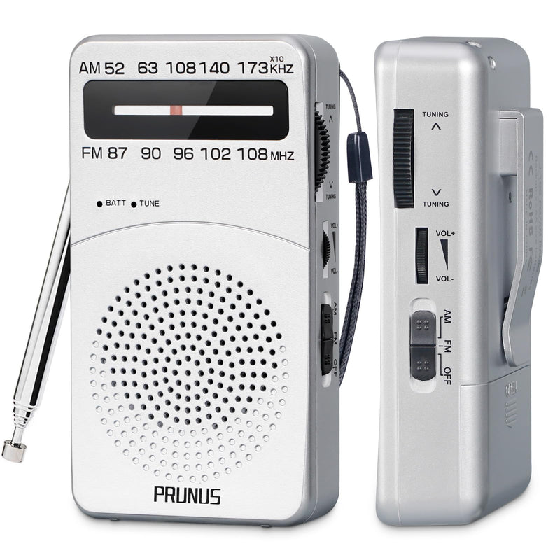PRUNUS J-166 Portable Radio AM FM, Battery Operated Radio with Tuning Light, Back Clip, Excellent Reception for Indoor & Outdoor & Emergency Radio, AM FM Radio Portable, Transistor Radio Silver