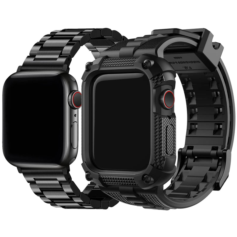 Fullmosa Compatible Stainless Steel Apple Watch Band 40mm Black with case & Compatible Apple Watch Silicone Rubber Band 40mm with Screen Protector,Black