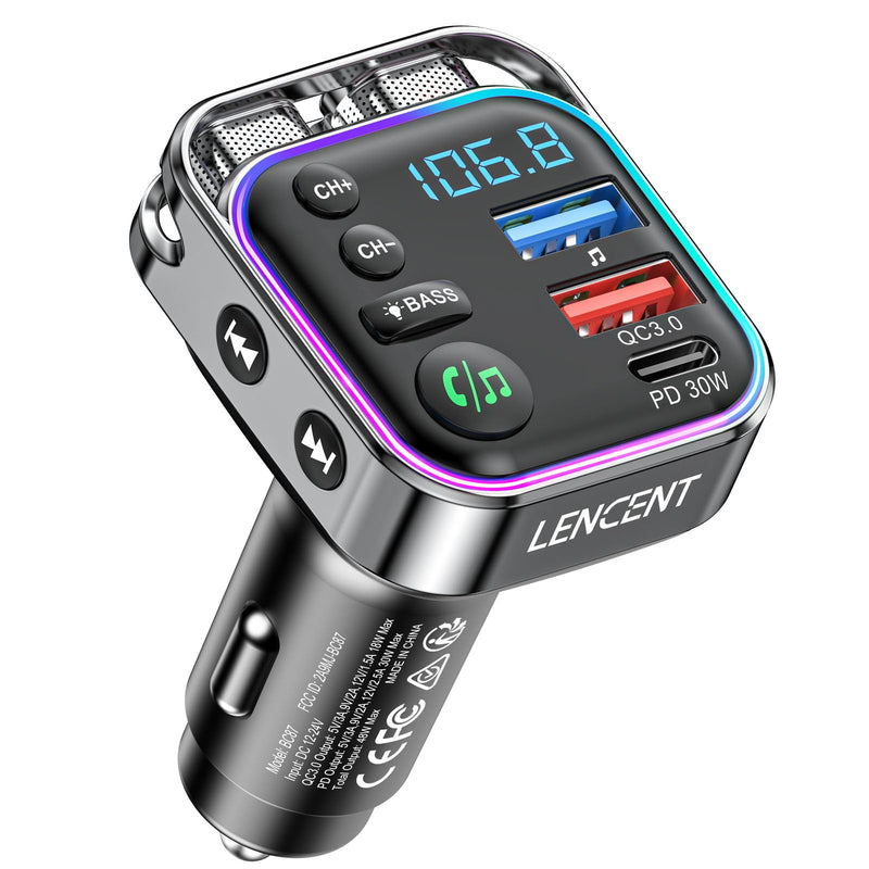 [AUSTRALIA] - LENCENT Bluetooth 5.3 FM Transmitter Car Adapter 48W (PD30W & QC18W) Fast Charger, Light Switch, HiFi Bass Sound Audio Receiver Wireless Radio MP3 Music Player, Hands-Free Calling, Support USB Drive 