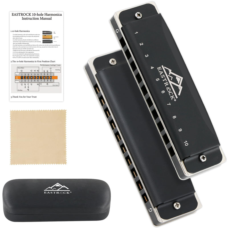 [AUSTRALIA] - EastRock Harmonica, Blues Harmonica Mouth Organ 10 Hole G Key with Case, Diatonic Harmonica for Professional Player, Beginner, Students, Adult, Friends, Gifts（Matte Black Finish） update10hole-G 