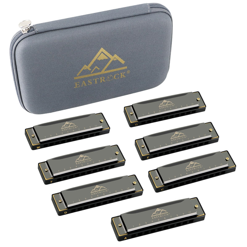 [AUSTRALIA] - EASTROCK Harmonica Set of 7, 10 Holes Blues Harp Mouth Organ Harmonica Set with 7 keys, C D E F G A Bb Key, Diatonic Harmonica for Professional Player, Beginner, Students gifts, Adult, Friends, Gift 7key-bk 